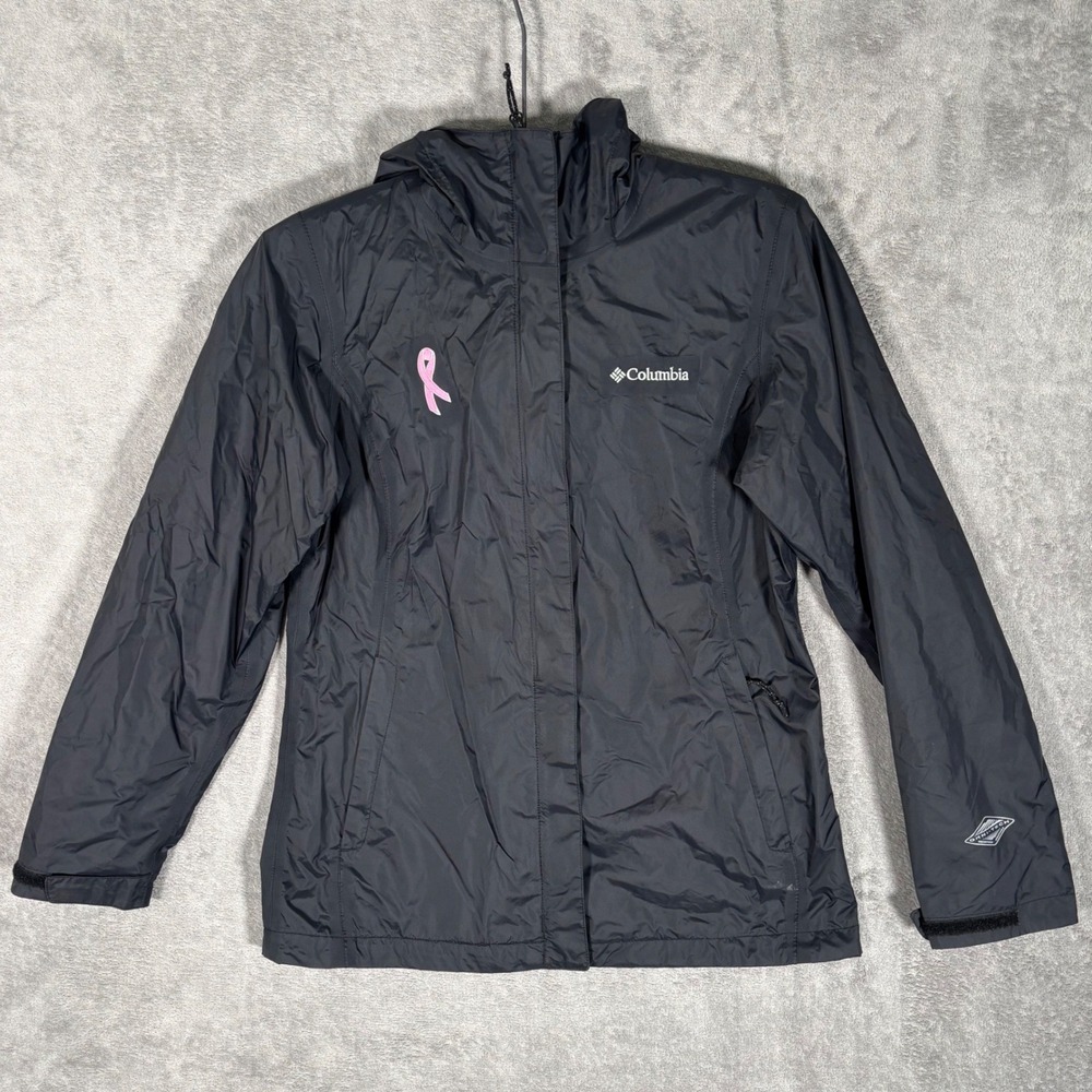 Columbia Omni-Tech Rain Jacket Womens Small Black Breast Cancer Ribbon Hooded